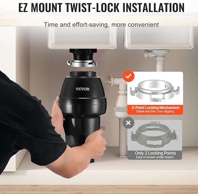 VEVOR Garbage Disposal, 3/4HP 3250RPM DC Motor, Continuous Feed Food Waste Sink Disposer, EZ Connect Food Waste Grinding System with Sound Reduction, Power Cord and Splash Guard, for Kitchen