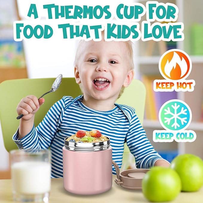 Thermo for Hot Food Kids - 15.2oz with Folding Spoon and Silicone handle | Leak Proof Insulated Food Jar, Soup Thermo, Wide Mouth Insulated Lunch Containers, Dishwasher Safety