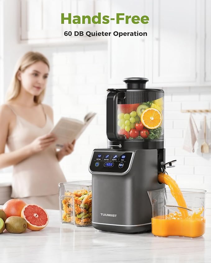 TUUMIIST 3-in-1 Cold Press Juicer Machine, Smart Touch Masticating Juicers for Whole Fruit & Vegetable, 6.5" Wide Chute Slow Juicer for Nut Milk & Sorbet, High Yield, Easy Clean (Gun Grey)