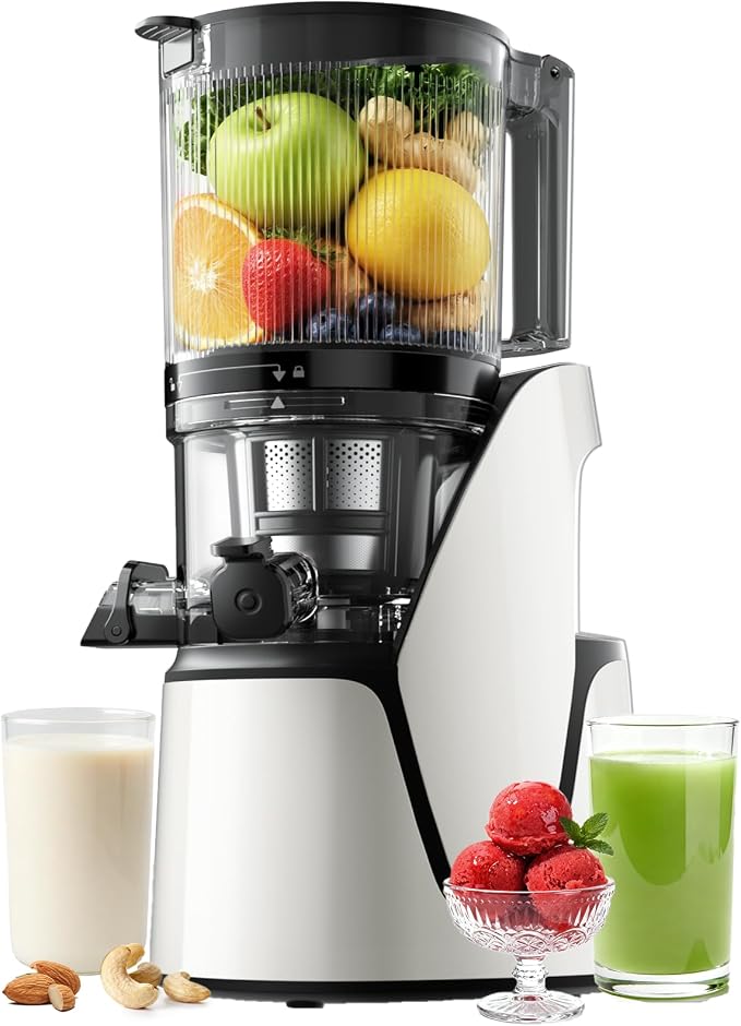 EanOruus Juicer Machines, 3-in-1 Cold Press Juicer, Bright White | Makes Juice, Nut Milk & Sorbet, 6.5" Extra Large Chute, 100oz Large Capacity, AC Motor