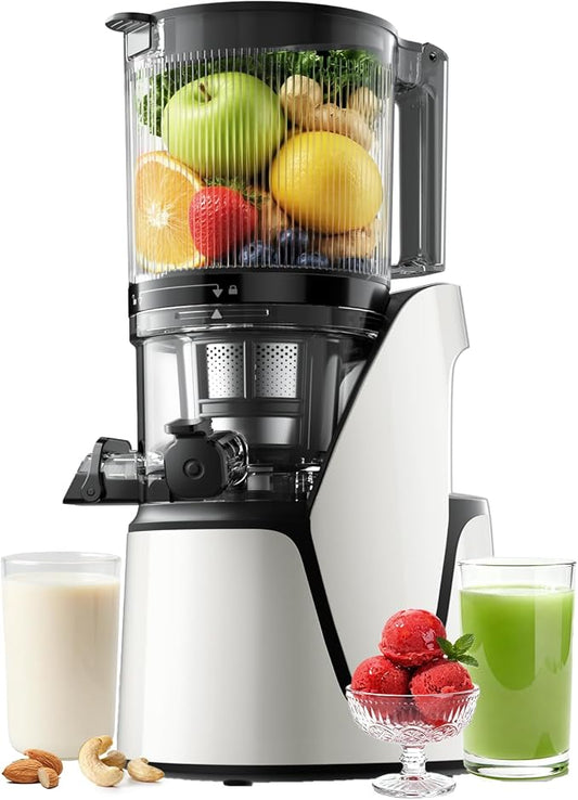EanOruus Juicer Machines, 3-in-1 Cold Press Juicer, Bright White | Makes Juice, Nut Milk & Sorbet, 6.5" Extra Large Chute, 100oz Large Capacity, AC Motor