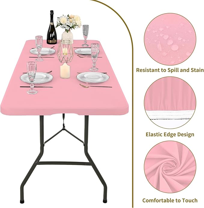 6 Pack Fitted Tablecloth for 8 Foot Rectangle Tables, Pink Elastic Outdoor Picnic Table Cover, Washable Stretch Folding Table Cloths 8 ft for Camping Party Patio Kitchen Banquet, 30" W x 96" L