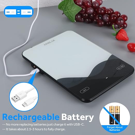 AIMILAR USB-C Rechargeable Kitchen Scale 22lb Tempered Glass Touch LED | USB-C rechargeable kitchen scale, 22lb/10kg, touch LED, 4 units & auto shut off for baking meal prep
