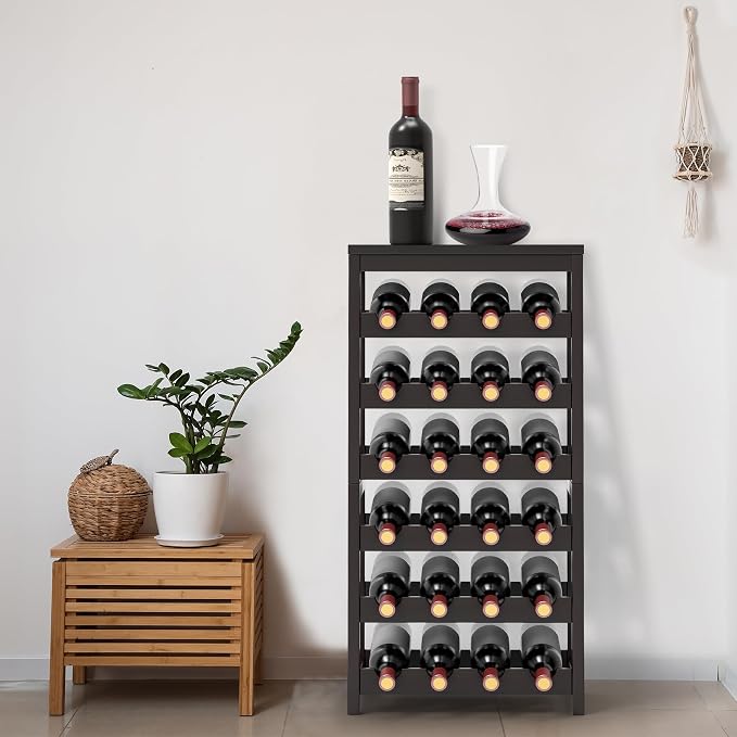 24 Botttle Wine Rack Freestanding Floor 6 Tier Bamboo Wine Rack Storage | 6 Tier Wine Rack Wine Storage Shelves for Kitchen Bar Dining Room Living Room Dark Brown