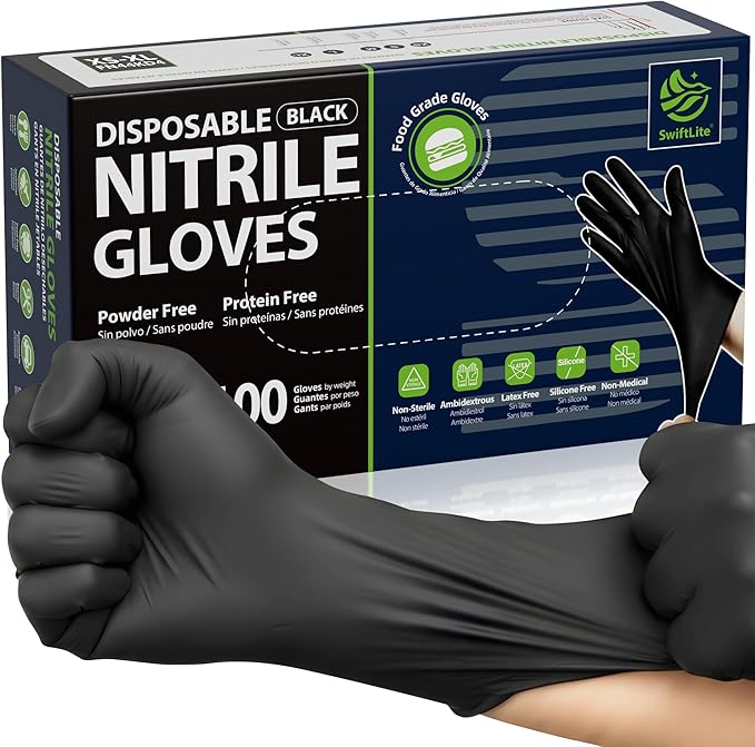 SWIFTLITE Nitrile Gloves Disposable Latex Free, 4 Mil Black Food Grade Powder Free Rubber Gloves for BBQ, Cooking, Cleaning