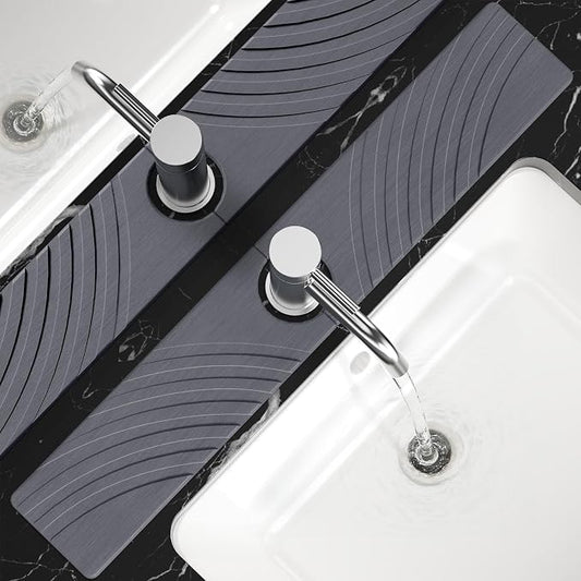 SpaceHacks Stone Faucet Mat for Kitchen Sink - Fast Drying Diatomite Stone Drying Mat, Textured Drainage Sink Protector, Water Splash Guard with Base Pads for Bathroom Counter (23.7x4 in, Dark Gray)