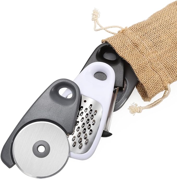 5 Pieces Kitchen Gadgets Set with Storage Bag, Cooking Gift Set | Space Saving Cooking Tools Accessories, Cheese Chocolate Grater, Peeler, Bottle Opener, Pizza Cutter, Stackable