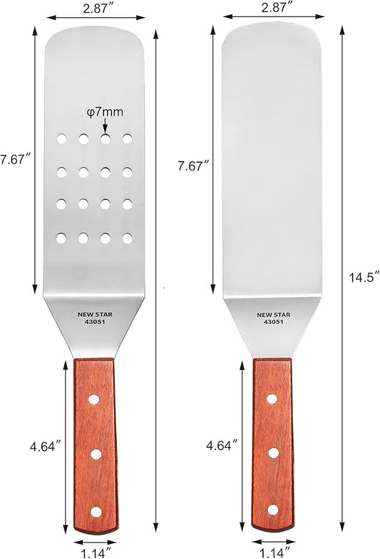 New Star Foodservice 43051 Wood Handle Flexible Grill Spatula Set, 14.5", Set of 2, Silver
