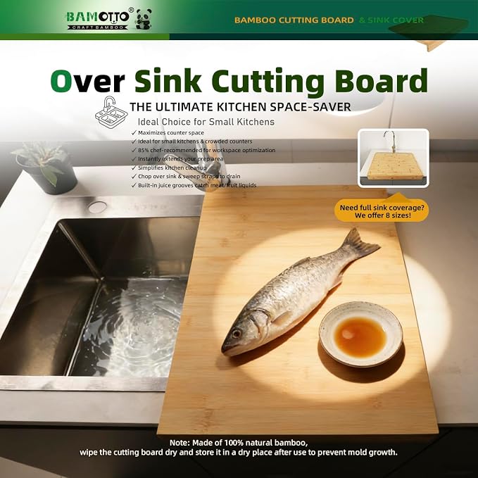 BAMOTTO CRAFTBAMBOO 12.5x20.4 Inch Bamboo Cutting Board Over Sink | Built-in Front Lip | Flat Both Sides | Non-Slip RV Camper Stove Cover | Chopping Board for Small Kitchen | 4.76 lbs