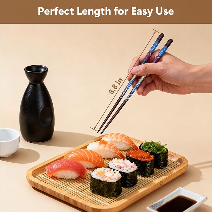 Antner 5 Pairs Reusable Wooden Chopsticks & Ceramic Rests Set, 8.8 Inch/22.5cm Classic Japanese Style Chop Sticks with Chopstick Holders for Ramen Sushi Asian Cuisine Lovers, Black Gift Box