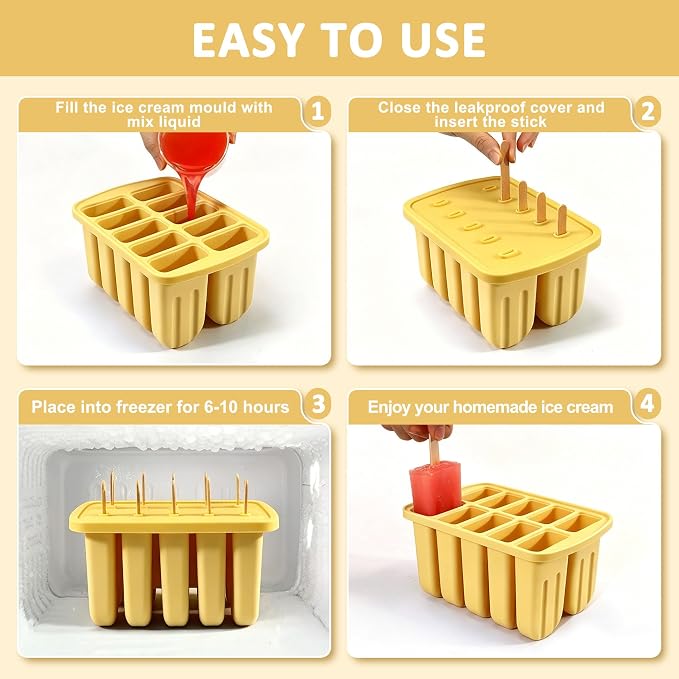 Popsicles Molds, 10 Cavity Silicone Popsicle Molds Easy-Release BPA-free Popsicle Molds Ice Pop Molds Homemade Popsicle Mold Ice Cream Molds with 50PCS Popsicle Sticks for Yogurt Juice Smoothies