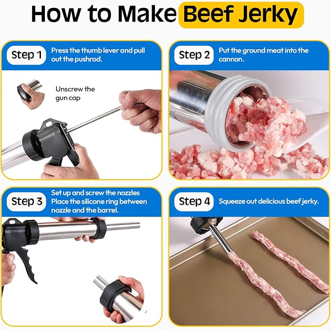 Beef Jerky Gun Kit Meat Maker Sausage Shooter Stainless Steel Tools | Professional Grade, 5 Nozzles, 1 Meat Pusher, 5x Cleaning Brushes 2 Sets, Sausage Shooter Accessories, Bonus Pair Hand Gloves