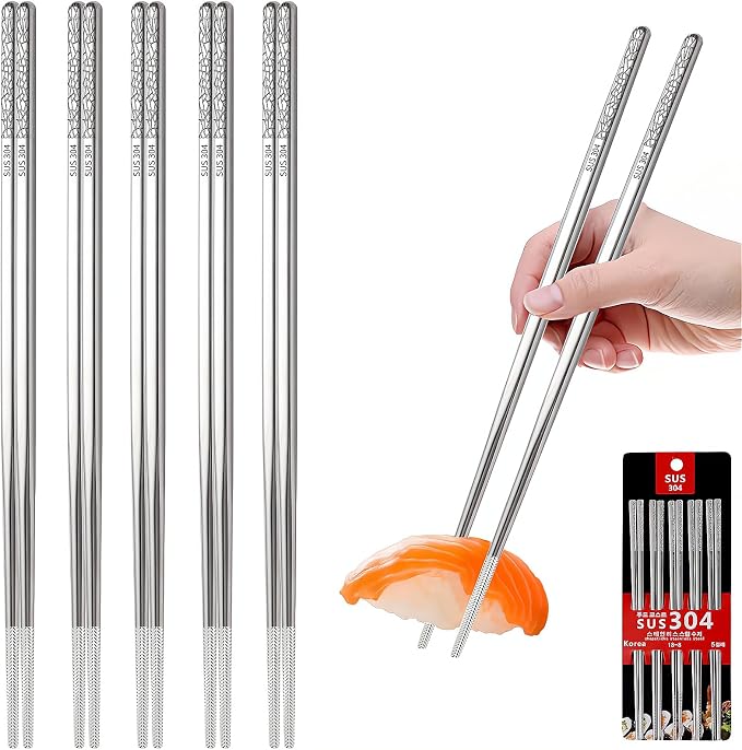 Stainless Steel Chopsticks Reusable, 5 Pairs, Silver Crack Pattern | Dishwasher Safe,18/8 Stainless Steel,Metal Chopsticks,Lightweight,Non-Slip,Laser engraving patterns