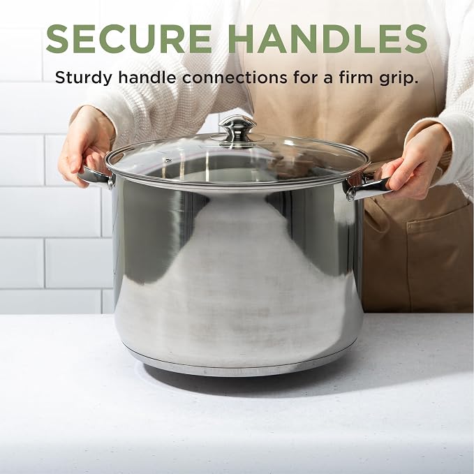 Ecolution Pure Intentions Stock Pot - Features Tempered Glass Lid, Keep Cool Handle, and Encapsulated Bottom - Oven Safe - Curbside Recyclable Stainless Steel - 16 Quarts