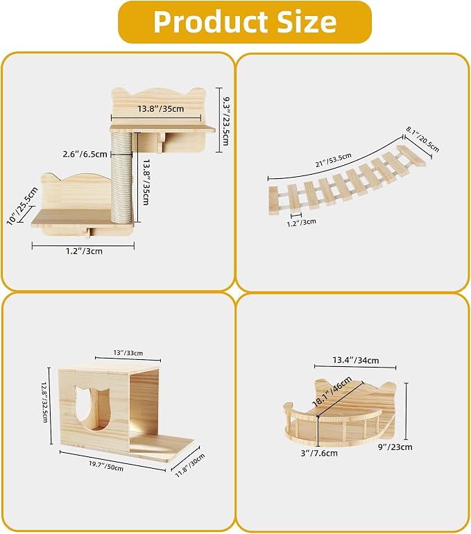 Cat Wall Shelves, 9 in 1 Wood Cat Wall Furniture Set with Bridge | Stable & Safe Wall Mounted Cats Shelf Furniture with Scratching Posts, Floor Space-Saving Cat Climbing Systems, Burlywood