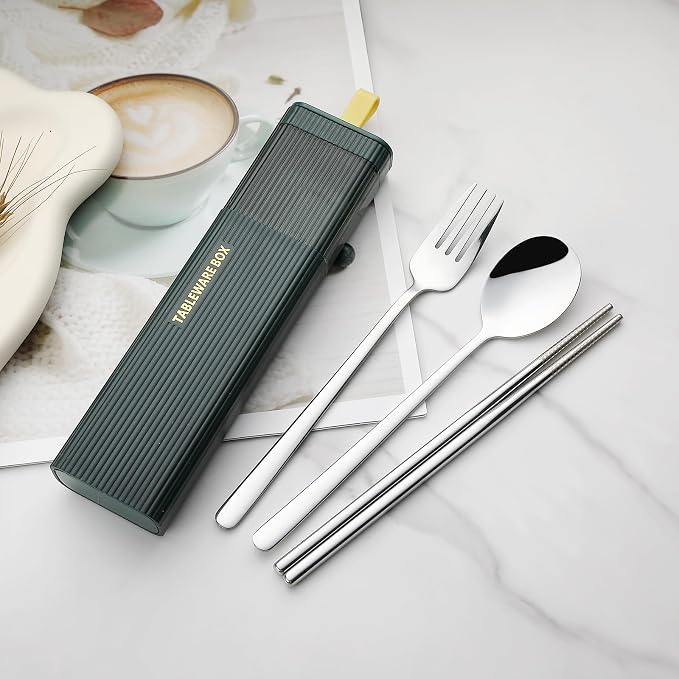 DEVICO Travel Utensils with Case, 4Pcs Korean Chopsticks Fork and Spoon Set | 18/8 Stainless Steel Portable Cutlery Set, Reusable Silverware for Lunch Box/Camping/Work/School, Dishwasher Safe, Dark Green
