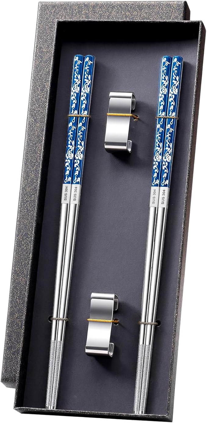 JEETEE Metal Chopsticks, 2 Pairs Stainless Steel with Holder | Titanium Coated, Anti-Slip Design, Reusable,Dishwasher Safe, for Sushi, for Ramen, for Camping, for Party