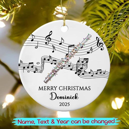 Customized Text/Year/Name Flute Player Ceramic Ornament, Personalized Xmas Ornaments Gift for Flautist Instrument Lover Brother Sister Dad Mom Daughter Son, Unique Flute Musical Ceramic Ornament