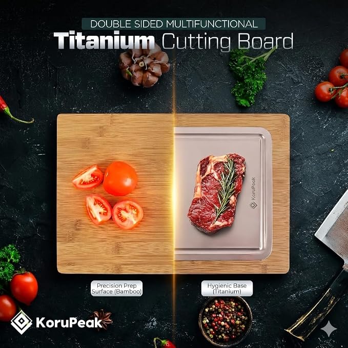 Pure Titanium Cutting Board with Bamboo, Double Sided, Microplastic Free | Knife friendly, Non-Porous, Juice groove, Handles, Chicken, Fish, Steak Cutting Board, Non-Slip, Hand Wash Easily 16x12"