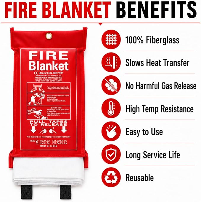 4 Pack,40"x40",Emergency Fiberglass Fire Blanket,Fire Suppression,Hooks | Easy Pull Tabs,No Mess After Use,No Expiration,Quick Emergency Response,Compact,Reusable,Kitchen,Grill,Camping,RV,Home,Garage