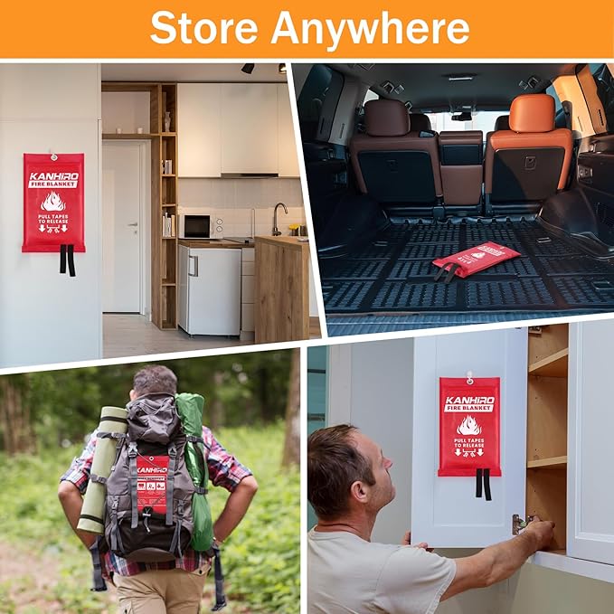 Emergency Fire Blanket for Home Kitchen - KANHIRO Fiberglass Fire Suppression Blanket Great for School, Fireplace, Grill, Car, Office, Warehouse (4 Pack, 40"x40")