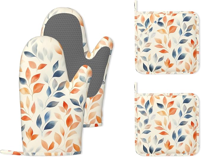 Autumn Leaves Heat-Resistant Silicone Oven Mitts and Pot Holder 4 Piece Set,Non-Slip Kitchen Oven Gloves for Baking, BBQ, Cooking,Grilling