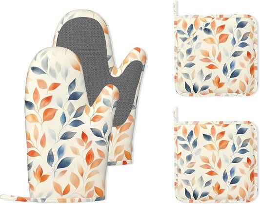 Autumn Leaves Heat-Resistant Silicone Oven Mitts and Pot Holder 4 Piece Set,Non-Slip Kitchen Oven Gloves for Baking, BBQ, Cooking,Grilling