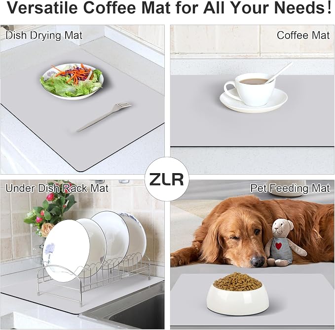 ZLR Coffee Bar Mat for Keurig & Nespresso, 12"x16" Small, Light Gray | Absorbent Dish Drying Mat, Stain-Hiding PU Leather Top, Non-Slip Rubber Back, Heat-Resistant, Fits Frother & Pour-Over