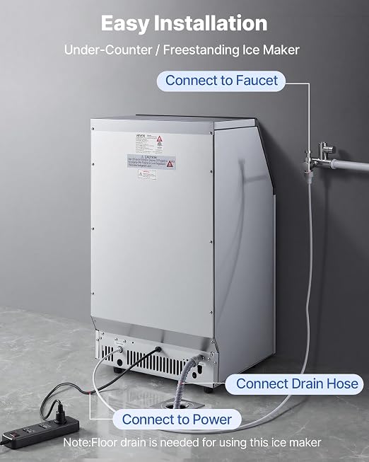 VEVOR Commercial Ice Maker Machine, 100 lbs/24h with 26 lbs Storage Capacity, Crescent Ice,Built-in/Freestanding/Under Counter, Stainless Steel Ice Maker with LED Display for Home Bar Restaurant