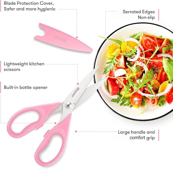 iBayam Pink Kitchen Scissors All Purpose Heavy Duty & Comfort Grip & Cover | Dishwasher Safe, 8.7" Stainless Steel Sharp Scissors Food Poultry, 2-Pack Pink Kitchen Utensils Gadgets for Cooking & Baking
