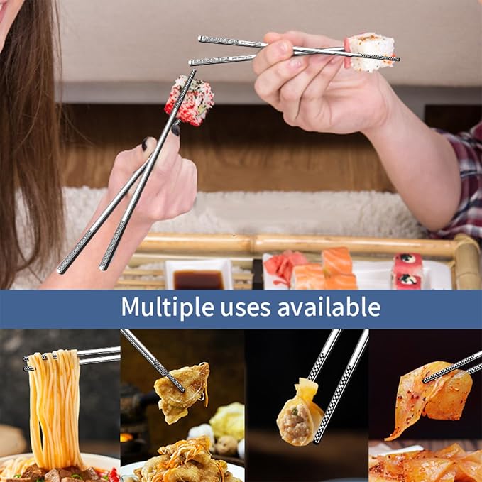 Metal Chopsticks Reusable 316 Stainless Steel Chopsticks Multipack Dishwasher Safe Chop Sticks Square Fancy Laser Engraved Non-slip Korean Chopstick for Cooking Eating 9.45 Inches 5 Pairs Gift SetS