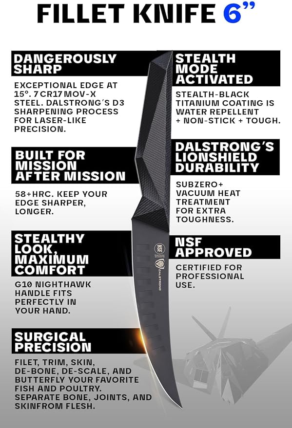 Dalstrong Fillet Knife - 6 inch - Shadow Black Series - Black Titanium Nitride Coated - High Carbon 7CR17MOV-X Vacuum Treated Steel - Meat, Boning Knife - Sheath - NSF Certified