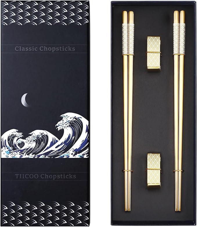 Titanium Stainless Steel 18/8 Chopsticks with Holder, 2 Pairs Dishwasher Safe, Japanese Style Gift Set (Golden)