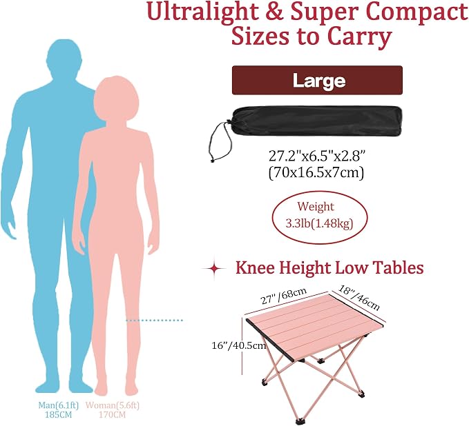 Grope Portable Beach Table for Sand, Folding Camping Table (Pink-L) | Aluminum Table With Carry Bag for Camping，Portable & Easy to Carry，Prefect for Outdoor, Picnic, BBQ, Cooking, Beach