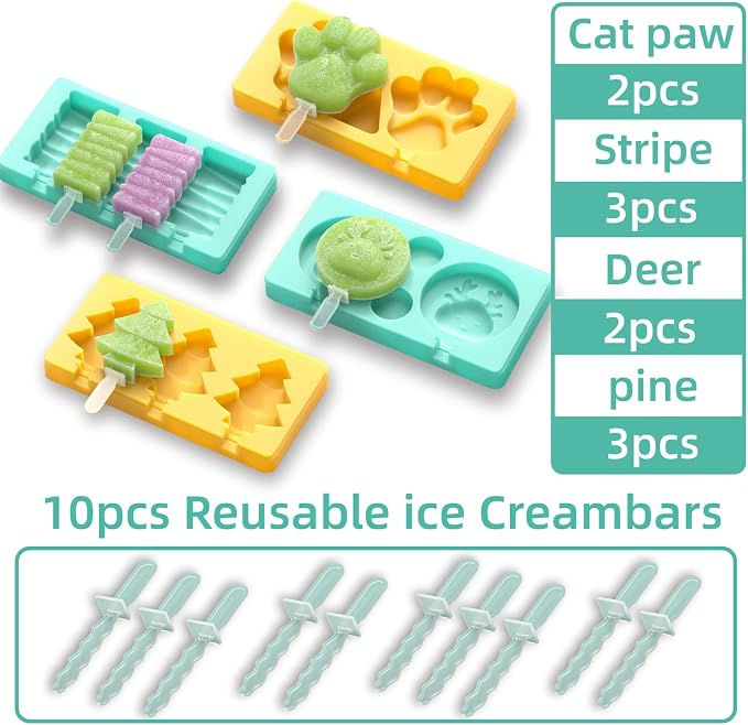 Kids Cartoon Popsicle Molds - 4 Pack, 10-Cavity Food-Grade Silicone Ice Pop Cream Molds, with Reusable Sticks, Non-Stick Flat Design, Easy Release, Stackable for Space Saving