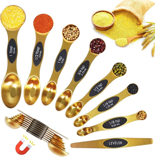 18-Pc Magnetic Measuring Cups and Spoons Set, with Lid, Golden | Includes 1 cover, 9 stackable cups set & 8 magnetic spoons, BPA-free & dishwasher safe, for liquid and dry baking