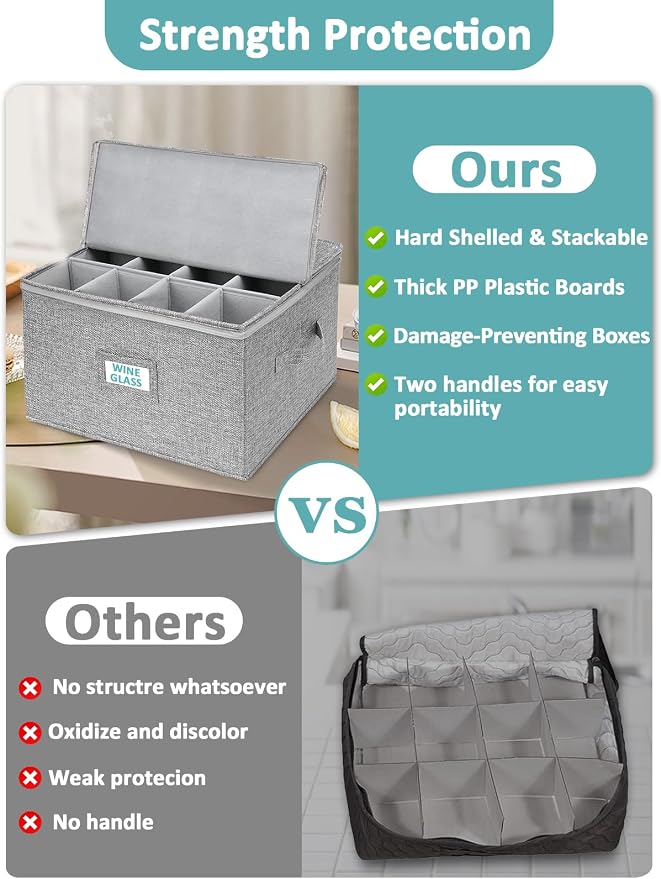 Cirhy Wine Glass Storage Box Hard Shell, Stemware Storage Containers for Moving, Holds 24 Crystal Glasses & Flutes, Stackable Glassware Chest with Dividers, Grey (2-Pack)
