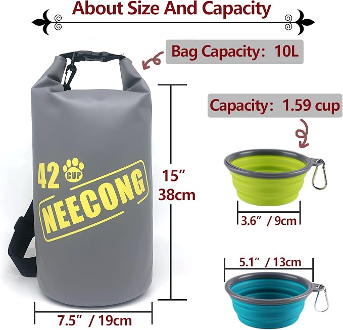 Dog Food Travel Bag With Collapsible Travel Bowls, 42 Cup Dog Food Storage System for Camping, Everyday-10L Food Dry Bag