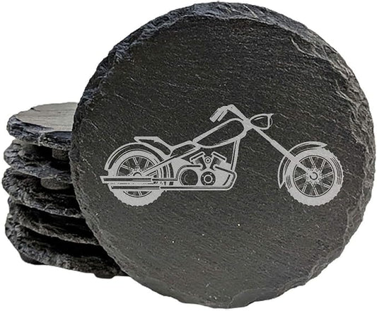 Gear Up Your Decor: Unique Motorcycle Coasters in Natural Slate - Round Slate - Set of 5