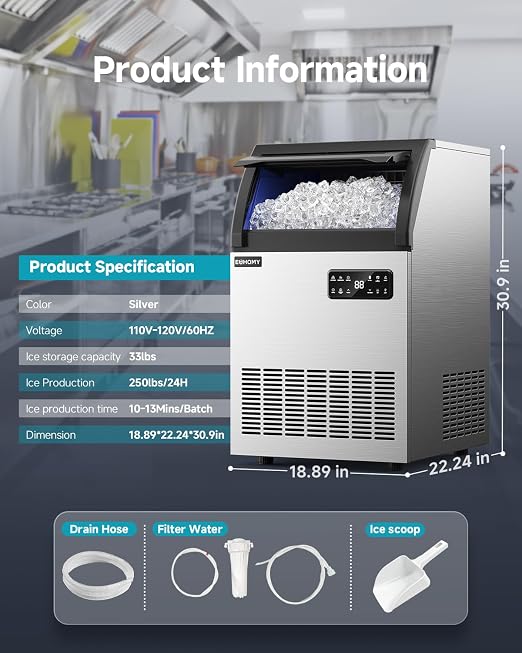 EUHOMY Commercial Ice Maker,250lbs/24H,Stainless Steel Under Counter Ice Machine with Water Filter,33lbs Storage Capacity, 84 Cubes in 8-12 Mins, Freestanding Ice Machine for Home/Bar/Cafe/Restaurant
