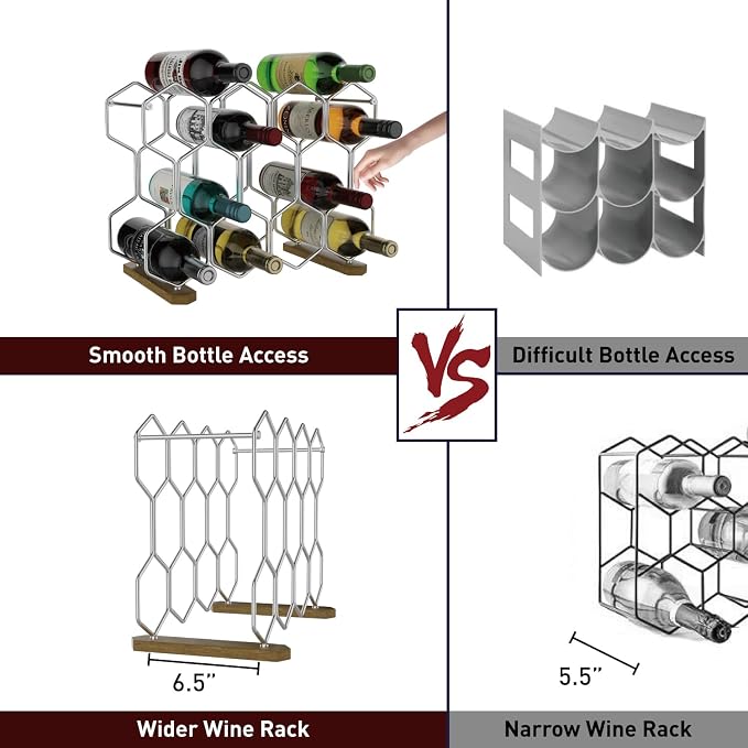Buruis Countertop Wine Rack with Acacia Base, 14-Bottle Modern Freestanding Metal Holder for Red and White Wine, Tabletop, Kitchen, Bar, and Cabinet Storage (Chrome)
