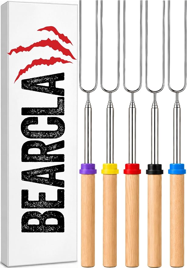 BEARCLAW Smores Sticks for Fire Pit - Accessories for Campfire Marshmallow Roasting Sticks Smores Kit Outdoor-Smore Skewers Hot Dog Fork For Outside, Camping Essentials Bonfire Gear Long 32" 5 Pack