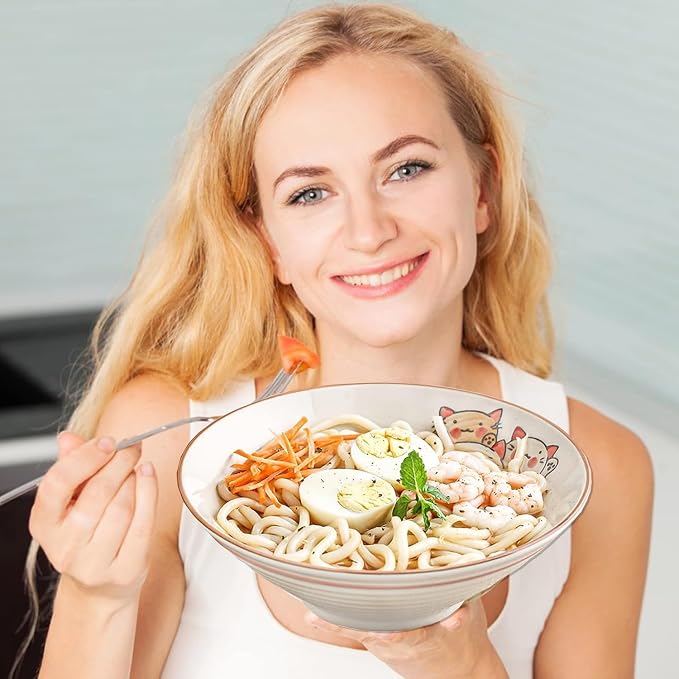 NJCHARMS Ceramic Ramen Bowl Set of 2, 42 oz Japanese Noodle Soup Bowls with Spoons and Chopsticks for Ramen Soup Pho Udon Asian Noodles, Large Noodle Bowls(Beige)