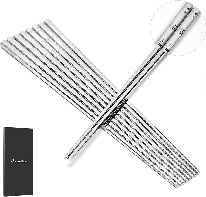 Premium 304 Stainless Steel Chopsticks Set (5 pair) - Reusable Metal Chopsticks with Laser Etching, Elegant Gift Box, Dishwasher Safe