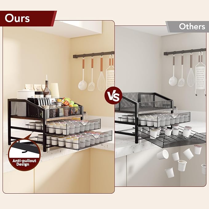 Homsorout Coffee Bar Organizer - Coffee Station for Countertop, Metal and Wood K Cup holder Storage Basket for Coffee Pods, Syrup, Cups, Stirrer, Coffee Condiment, Tea Organizer, Black and Brown