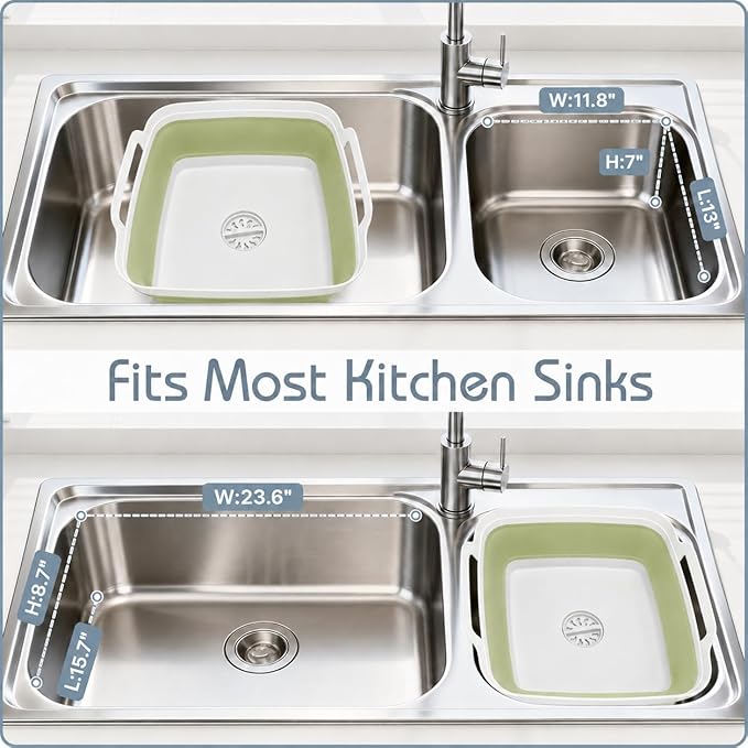 2.4 Gal(9L) Collapsible Dish Basin with Drain Plug, Space Saving Outdoor Multiuse Foldable Sink Tub, Dishpan, Kitchen Storage Tray for Camping, Vegetable Washing, RV (Green)