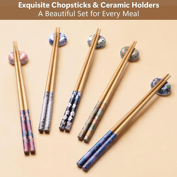Antner 5 Pairs Reusable Bamboo Chopsticks Set with Ceramic Chopstick Rests, 8.8 Inch Japanese Style Chop Sticks with Holders for Sushi Ramen Asian Cuisine Lovers Gift Set, Black Elegant Packaging