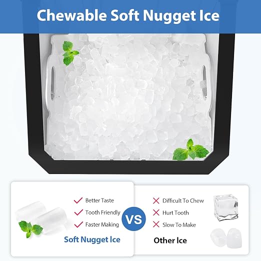 Aeitto Nugget Ice Maker Countertop, 55lbs/Day, Large Capacity Chewable Ice Maker, Rapid Ice Release in 5 Mins, Self-Cleaning with Stainless Steel Housing Ice Machine for Home Office and Party, Black