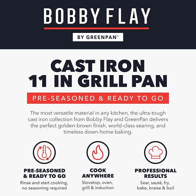 GreenPan x Bobby Flay 11" Pre-Seasoned Cast Iron Square Grill Pan | Natural Nonstick with Use, Heavy Duty, Induction & All Stovetop Compatible, High Heat & Oven Safe, Indoor/Outdoor