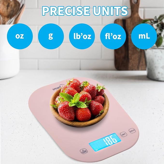 Food Scale, 11lb Pink Compact Digital Kitchen Weighing Scale with LCD Tare, 1g/0.1oz Precision, Grams and Ounces for Baking, Cooking, Calorie Tracking, Meal Prep and Weight Loss - Smart Weigh